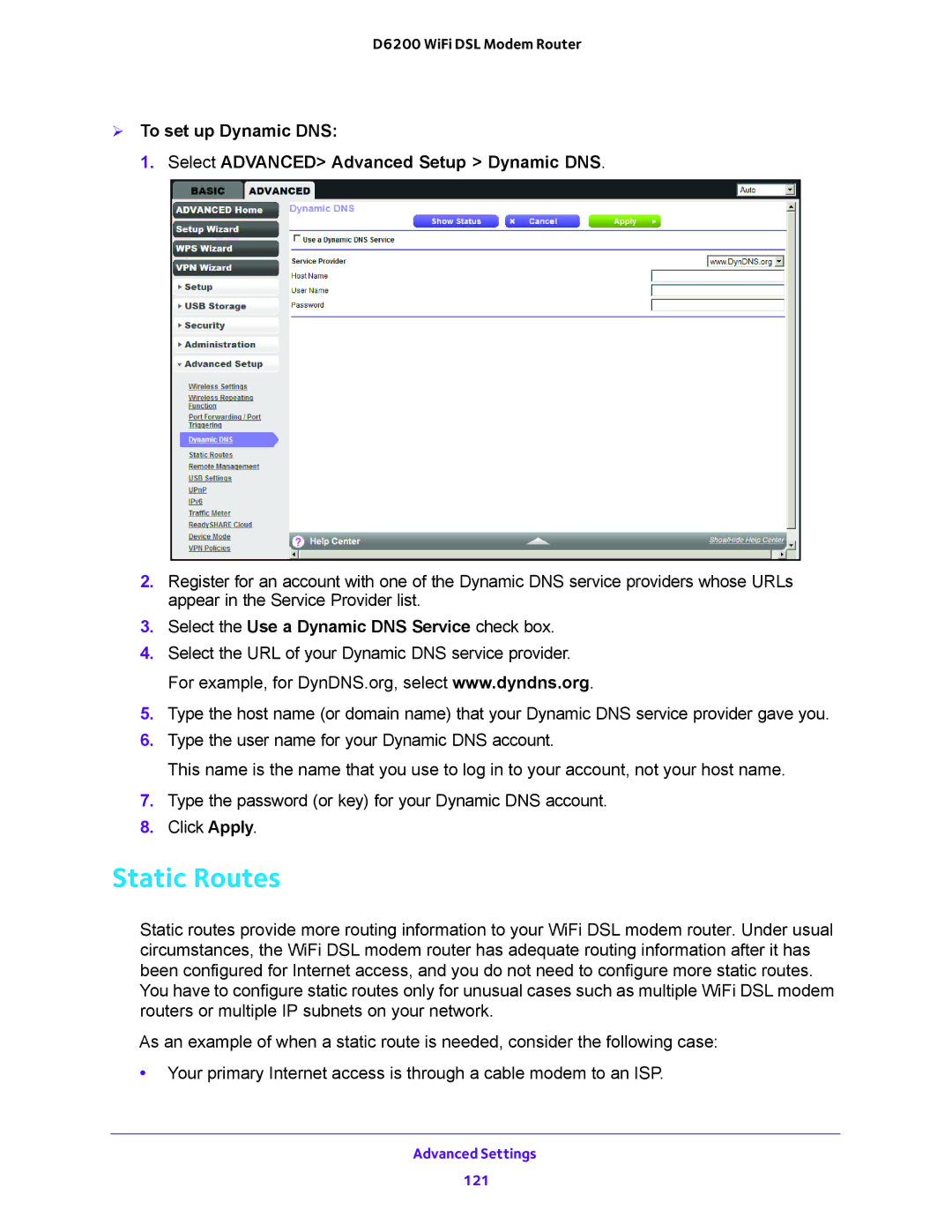 NETGEAR D6200 user manual Static Routes, Select the Use a Dynamic DNS Service check box 