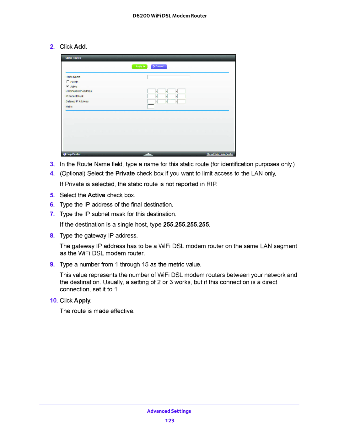 NETGEAR D6200 user manual Advanced Settings 123 