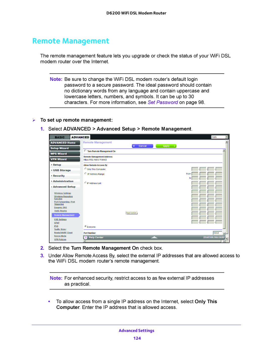 NETGEAR D6200 user manual Remote Management 