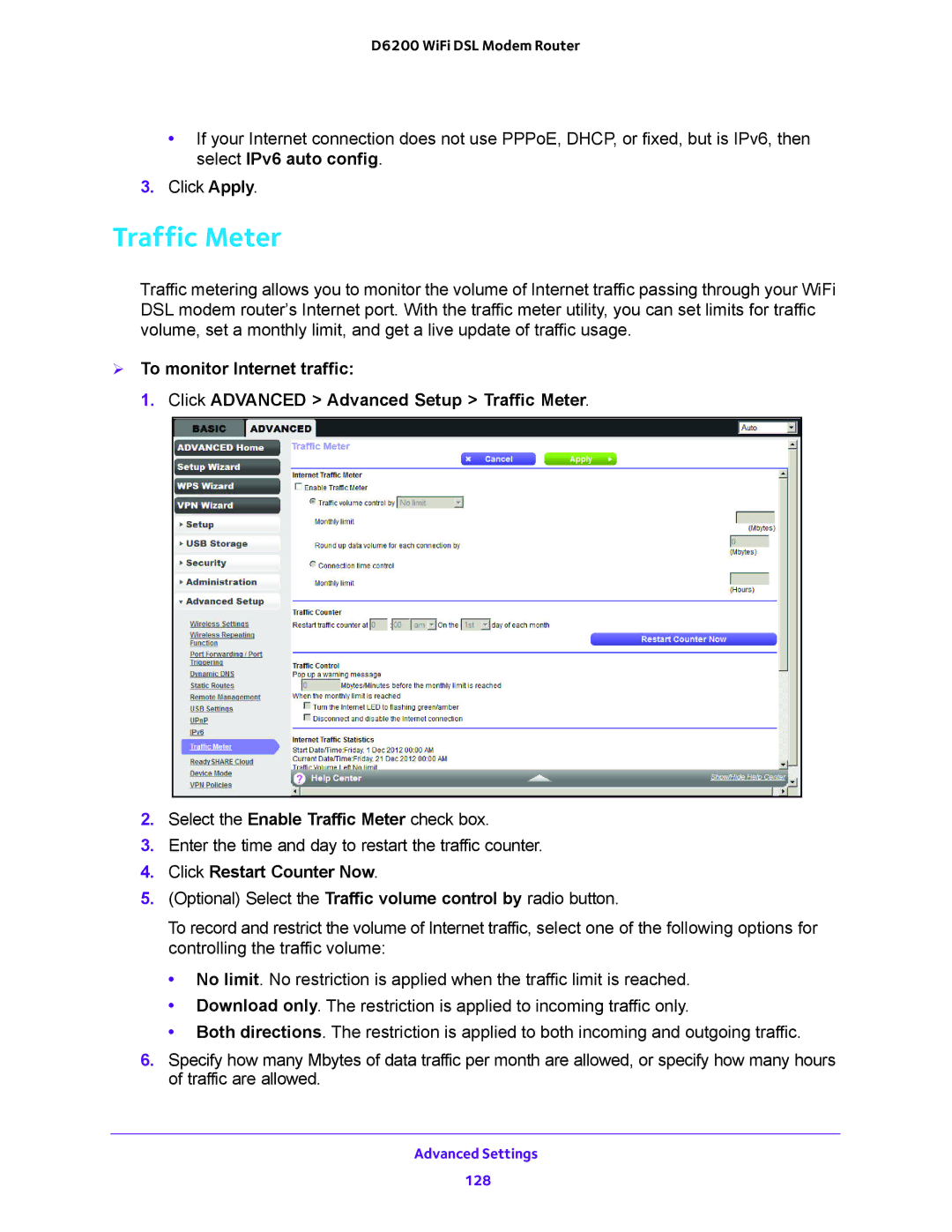 NETGEAR D6200 user manual Traffic Meter, Click Restart Counter Now 