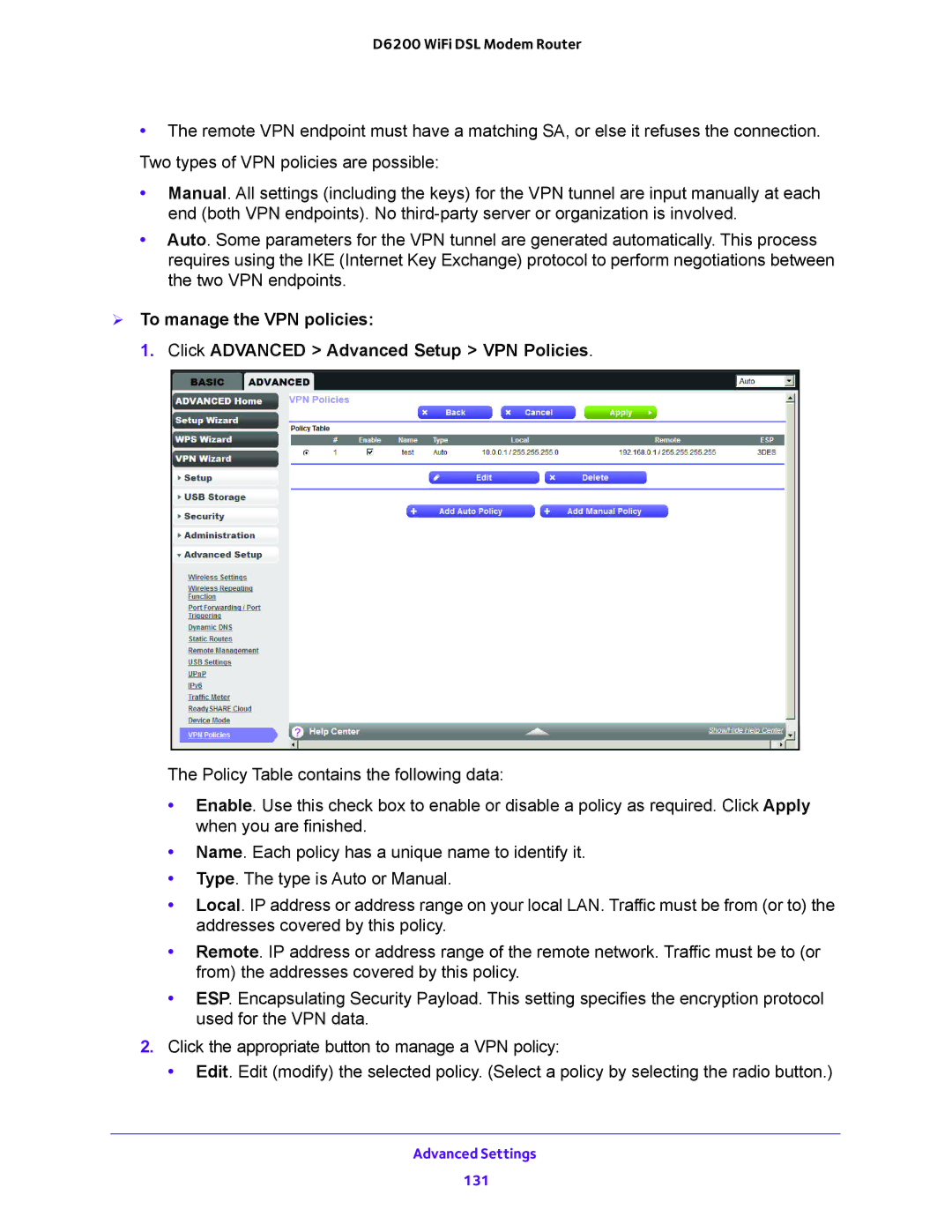 NETGEAR D6200 user manual Advanced Settings 131 