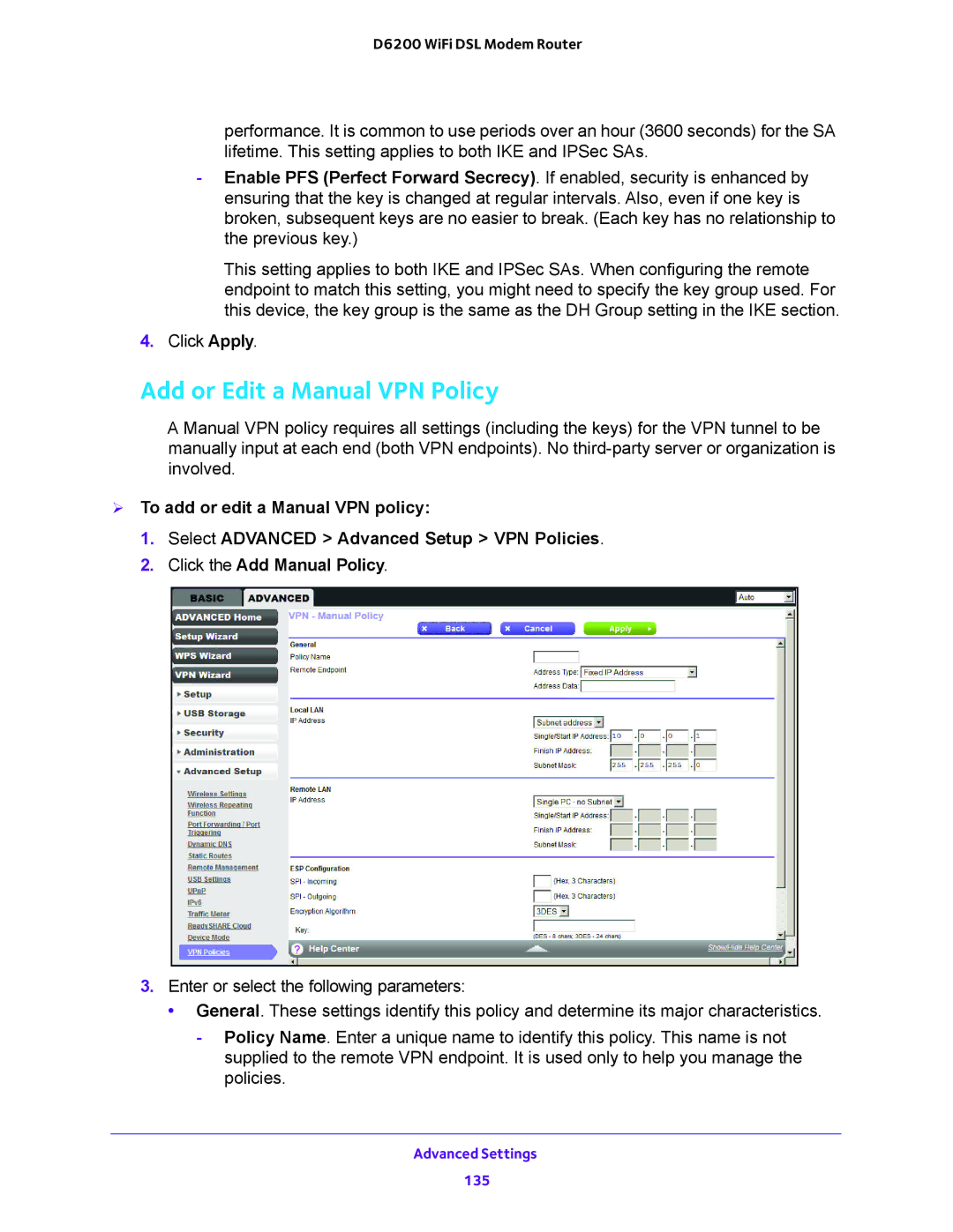 NETGEAR D6200 user manual Add or Edit a Manual VPN Policy 