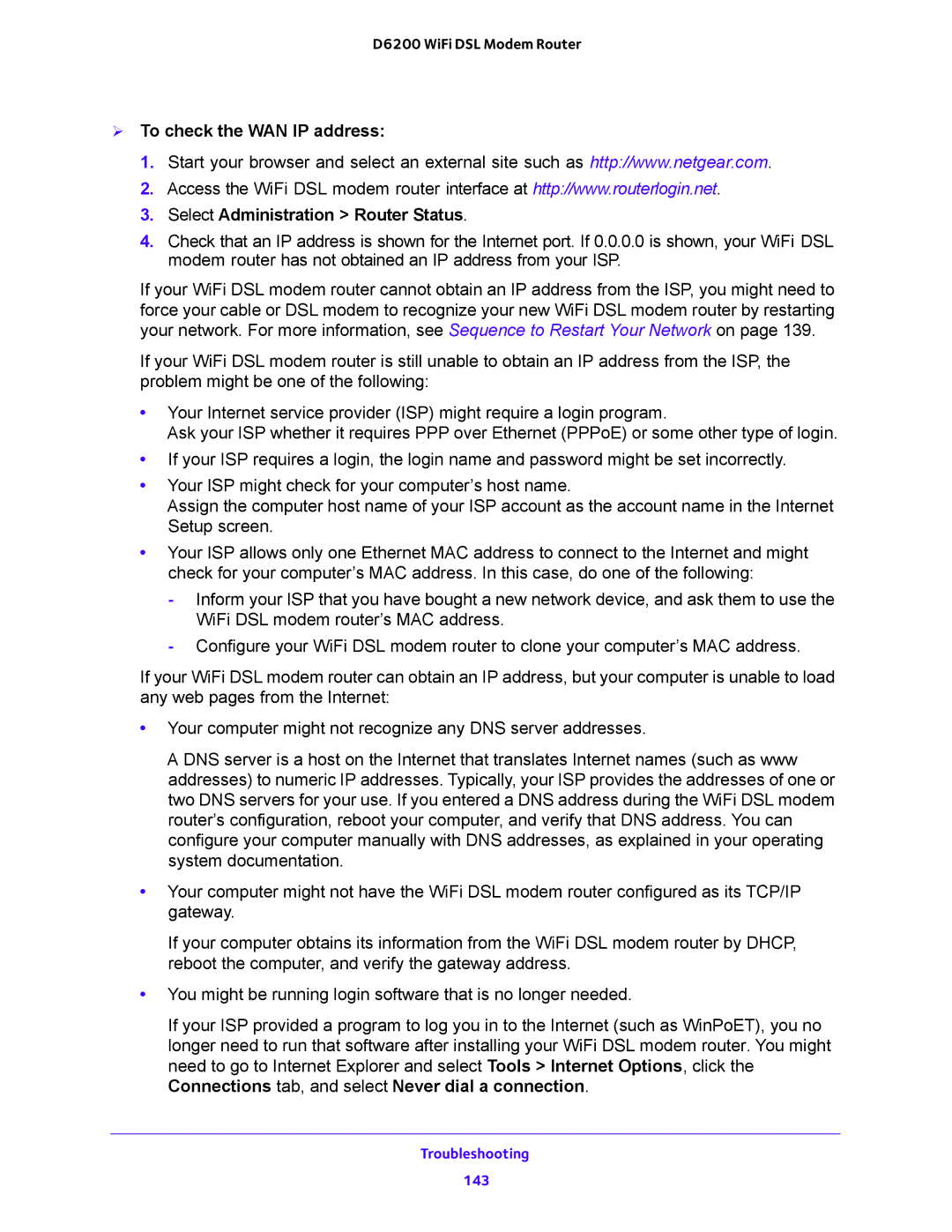 NETGEAR D6200 user manual Troubleshooting 143 