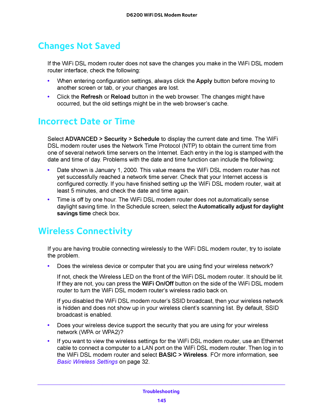 NETGEAR D6200 user manual Changes Not Saved, Incorrect Date or Time, Wireless Connectivity 