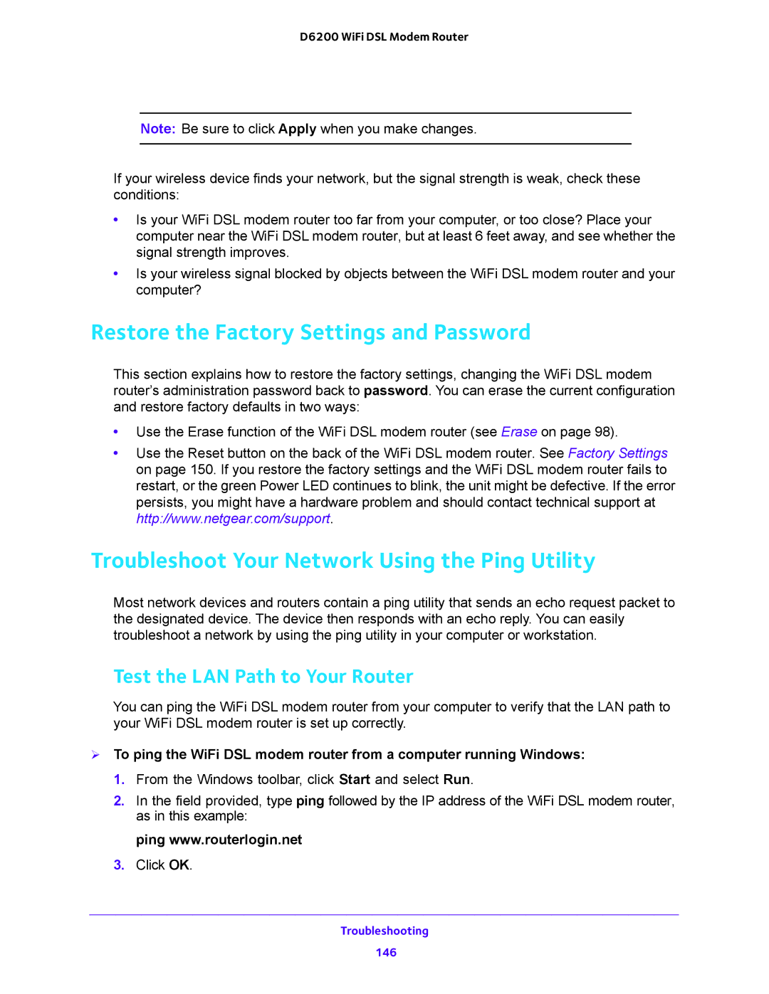 NETGEAR D6200 user manual Restore the Factory Settings and Password, Troubleshoot Your Network Using the Ping Utility 