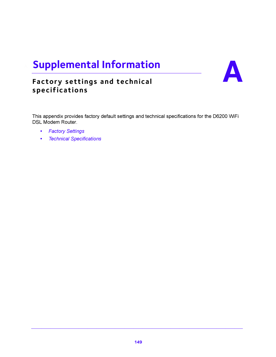 NETGEAR D6200 user manual Supplemental Information, Specifications 