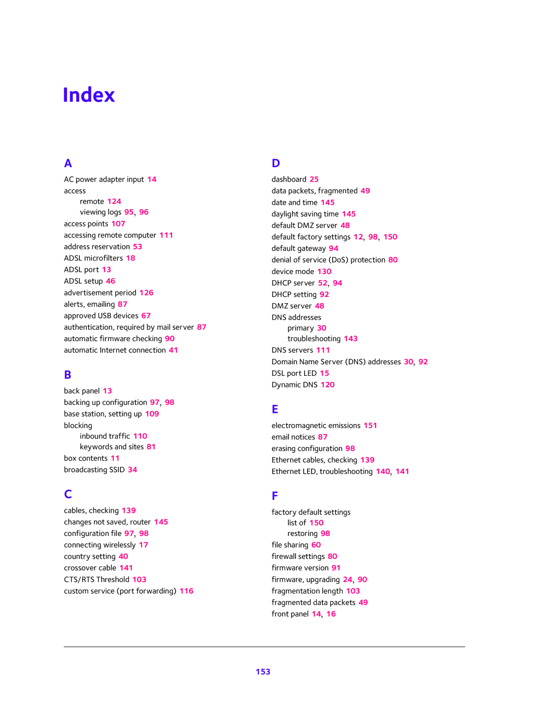 NETGEAR D6200 user manual Index, 153 