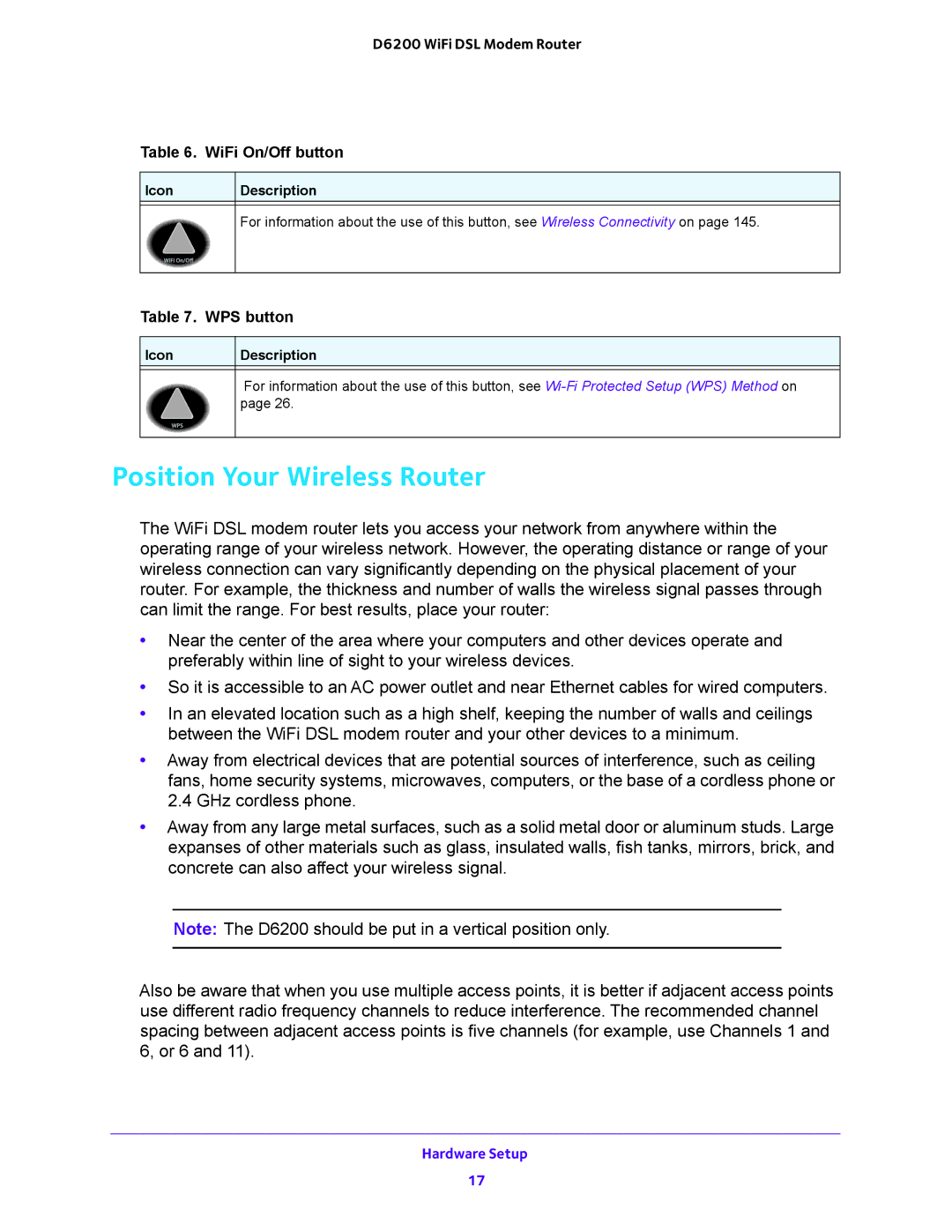 NETGEAR user manual Position Your Wireless Router, D6200 WiFi DSL Modem Router WiFi On/Off button 