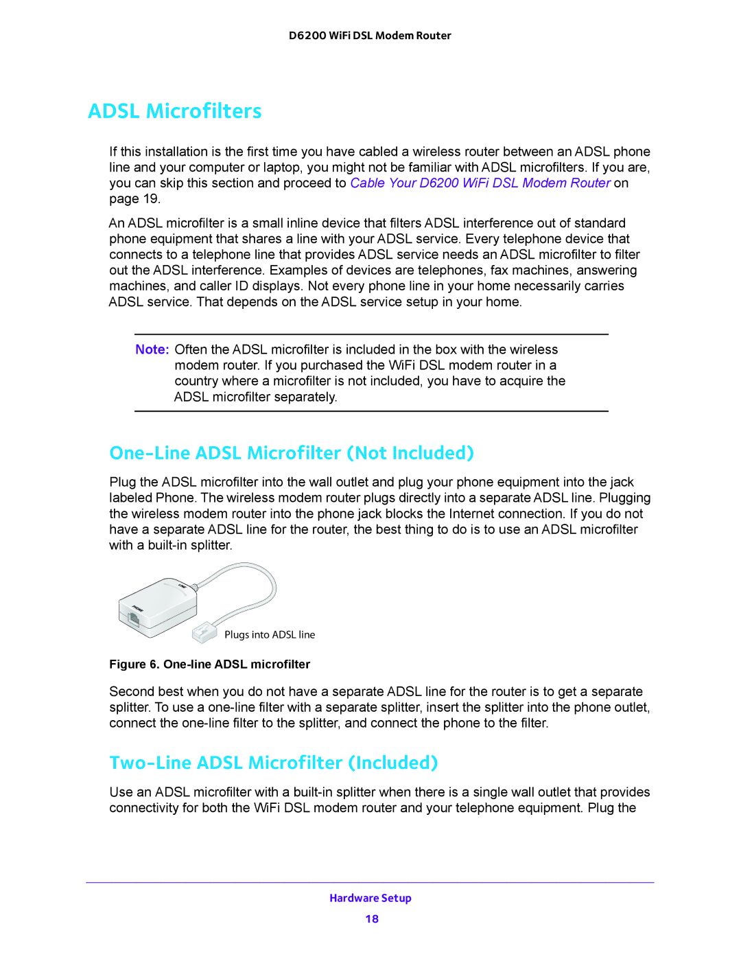 NETGEAR D6200 user manual Adsl Microfilters, One-Line Adsl Microfilter Not Included, Two-Line Adsl Microfilter Included 