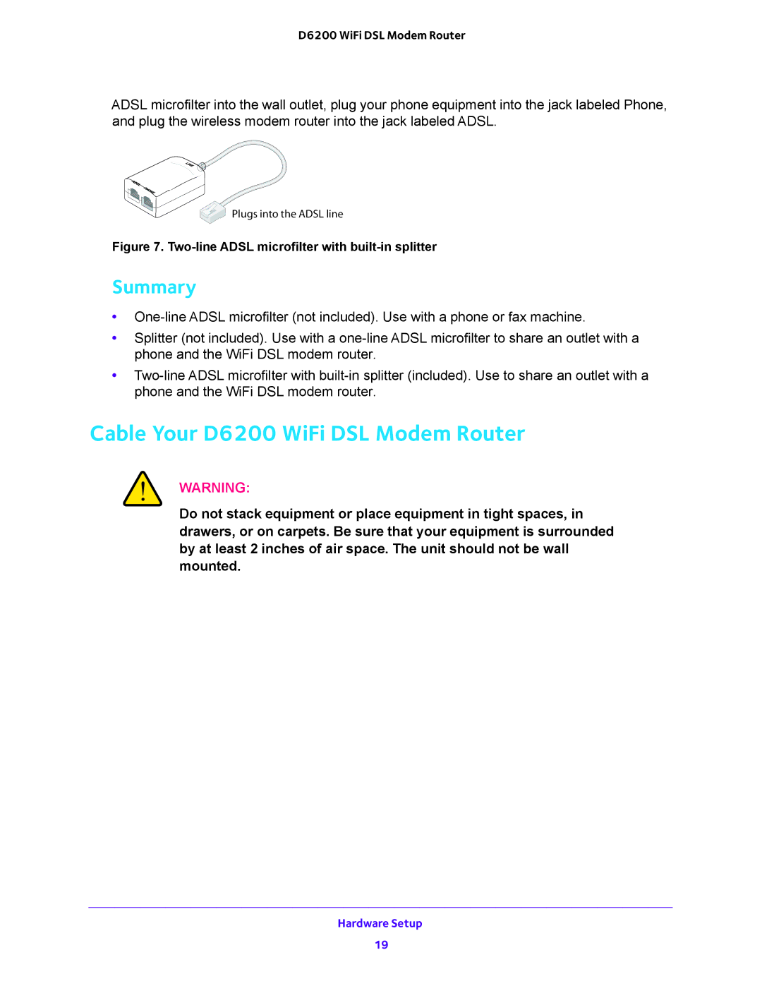 NETGEAR user manual Cable Your D6200 WiFi DSL Modem Router, Summary 