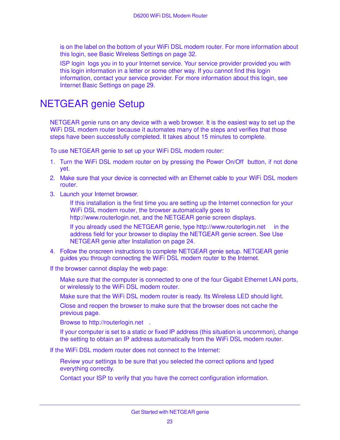 NETGEAR D6200 user manual Netgear genie Setup,  To use Netgear genie to set up your WiFi DSL modem router 