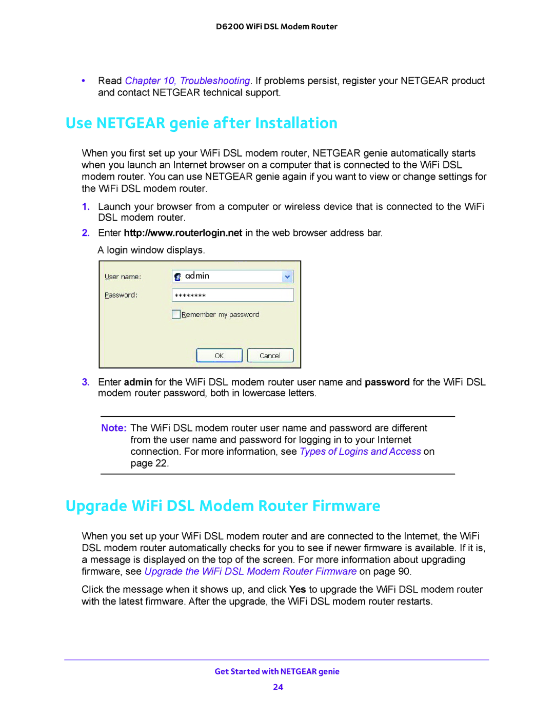 NETGEAR D6200 user manual Use Netgear genie after Installation, Upgrade WiFi DSL Modem Router Firmware 