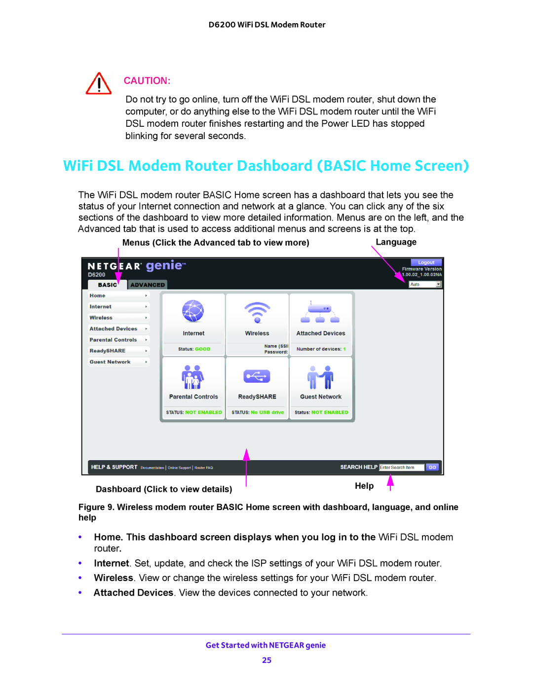 NETGEAR D6200 user manual WiFi DSL Modem Router Dashboard Basic Home Screen 