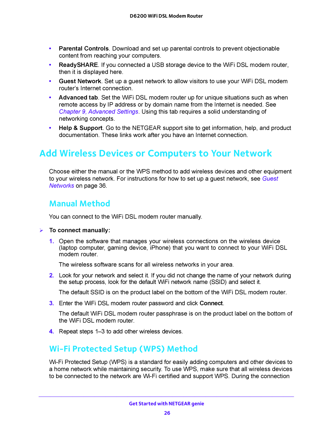 NETGEAR D6200 Add Wireless Devices or Computers to Your Network, Manual Method, Wi-Fi Protected Setup WPS Method 