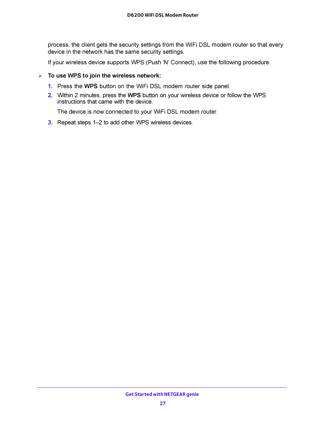 NETGEAR D6200 user manual  To use WPS to join the wireless network 