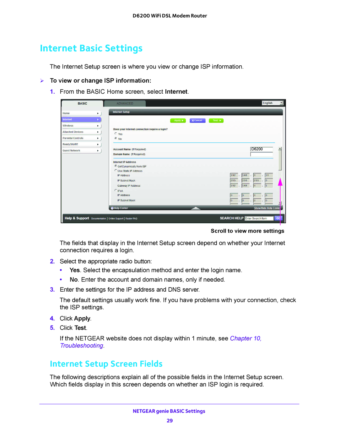 NETGEAR D6200 user manual Internet Basic Settings, Internet Setup Screen Fields,  To view or change ISP information 