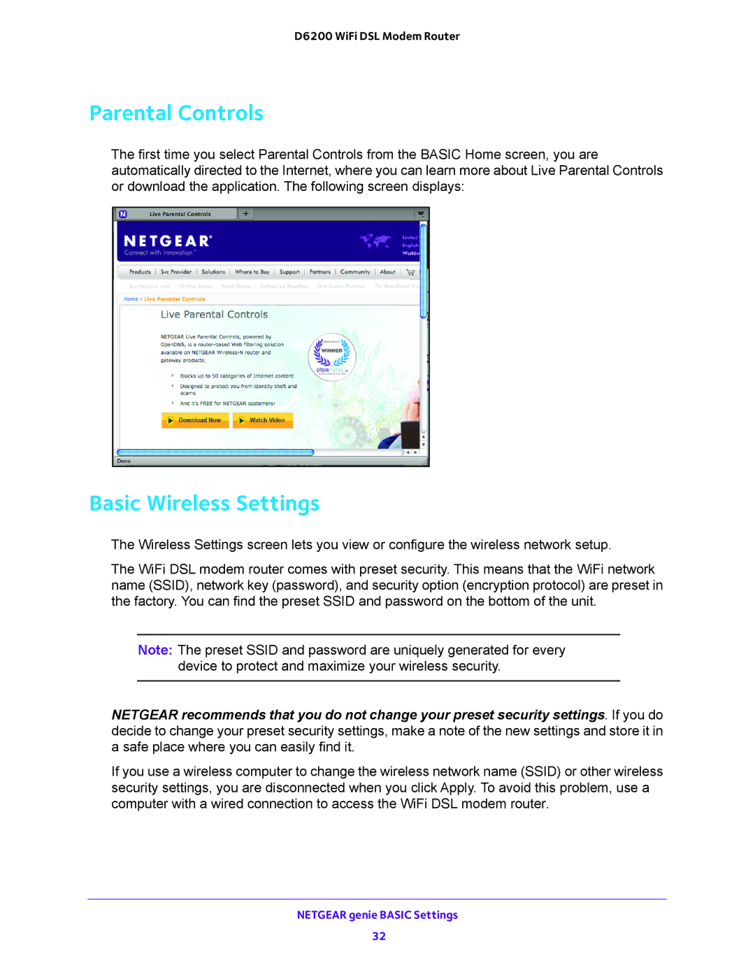 NETGEAR D6200 user manual Parental Controls, Basic Wireless Settings 