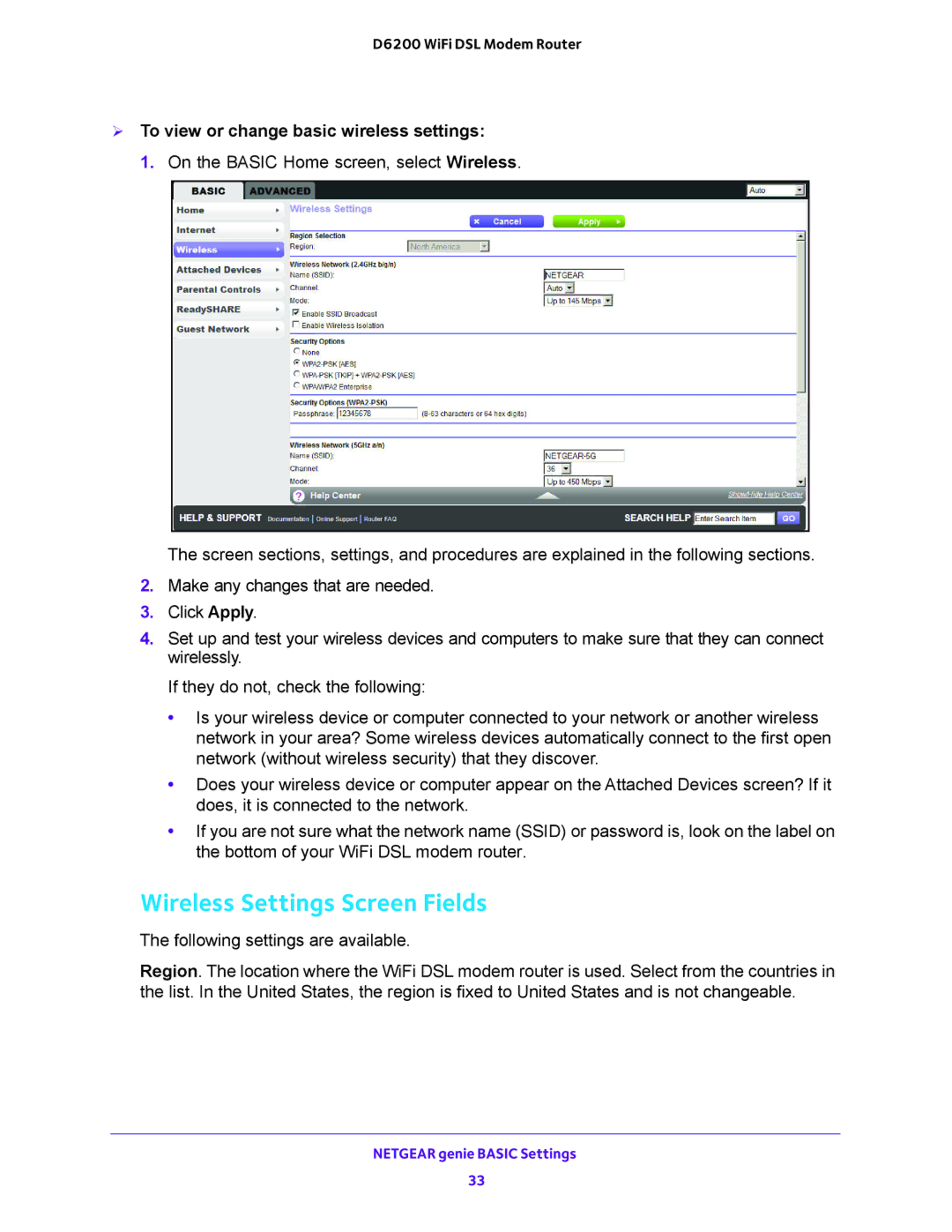 NETGEAR D6200 user manual Wireless Settings Screen Fields,  To view or change basic wireless settings 