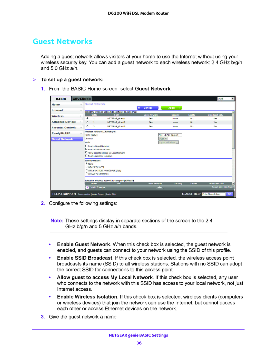 NETGEAR D6200 user manual Guest Networks,  To set up a guest network 