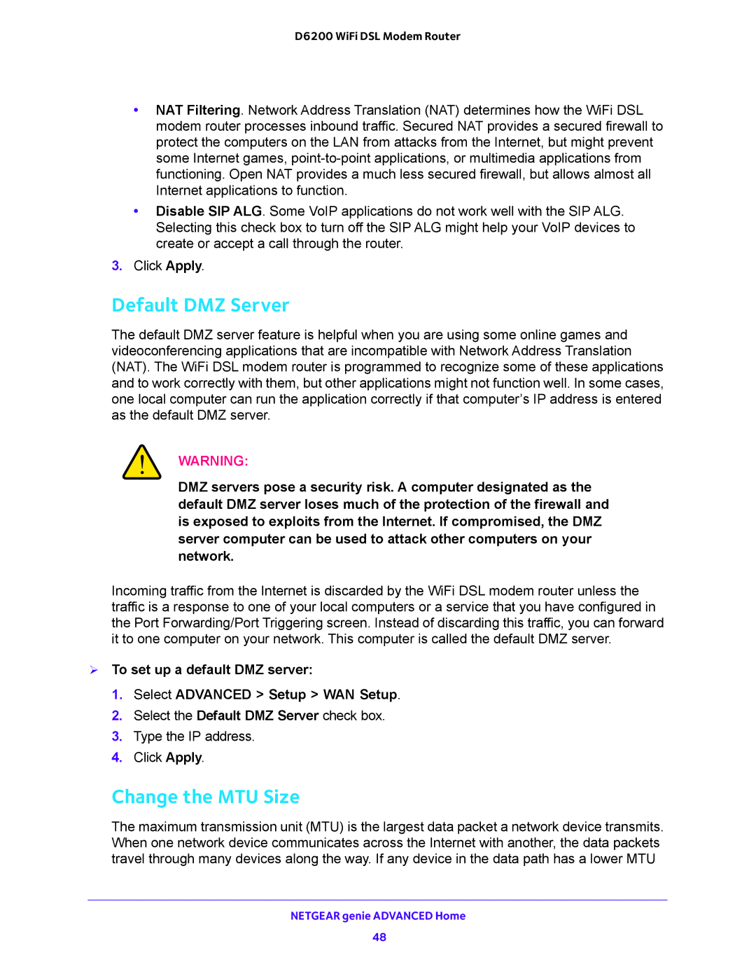 NETGEAR D6200 user manual Default DMZ Server, Change the MTU Size 