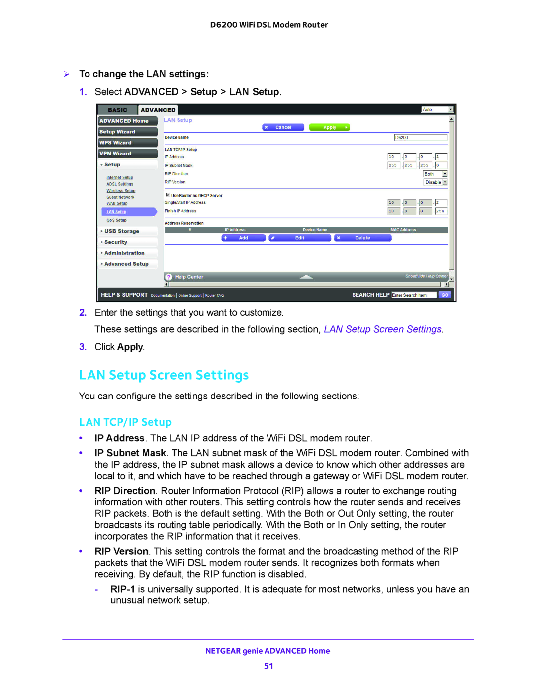 NETGEAR D6200 user manual LAN Setup Screen Settings,  To change the LAN settings Select Advanced Setup LAN Setup 