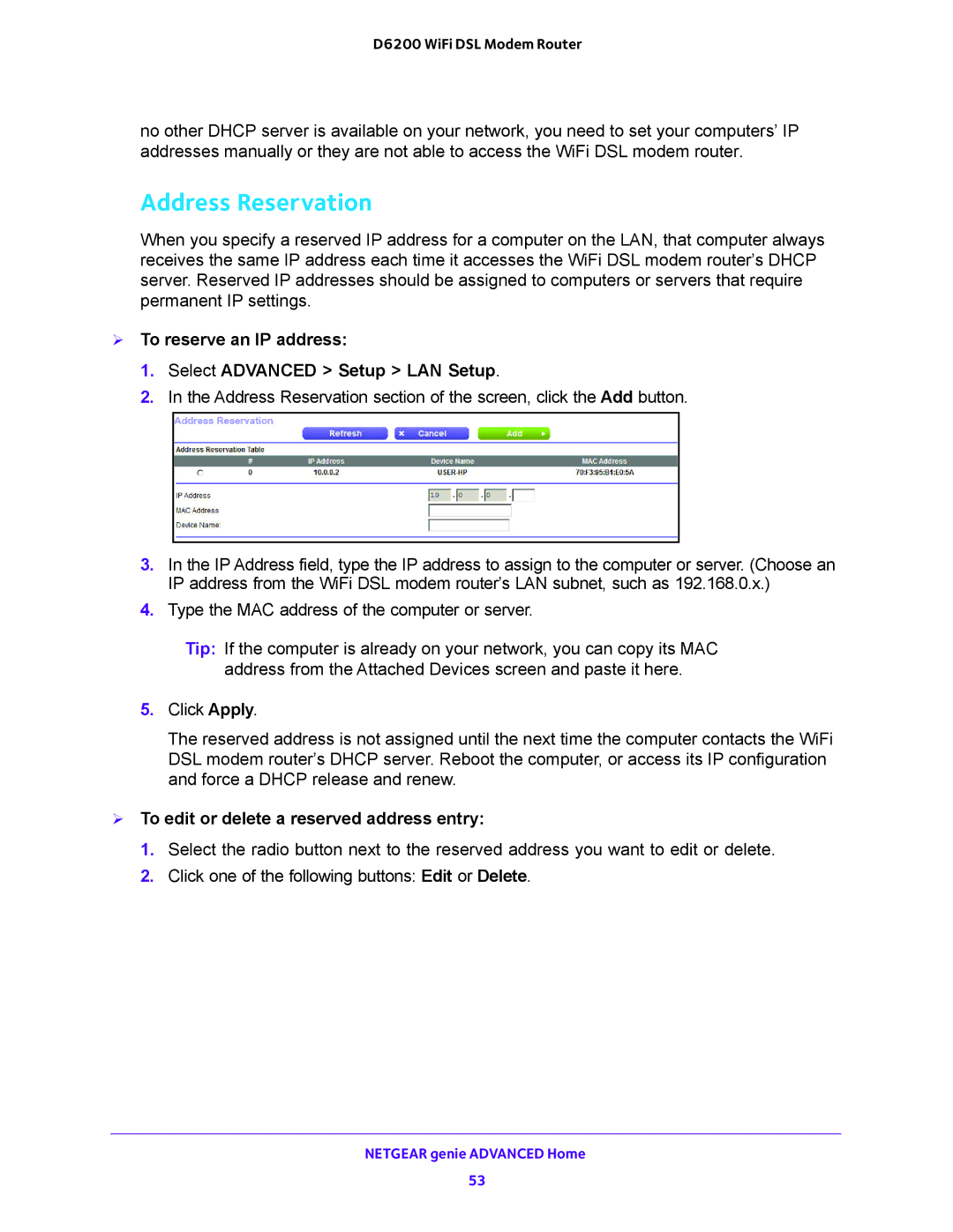 NETGEAR D6200 user manual Address Reservation,  To reserve an IP address Select Advanced Setup LAN Setup 