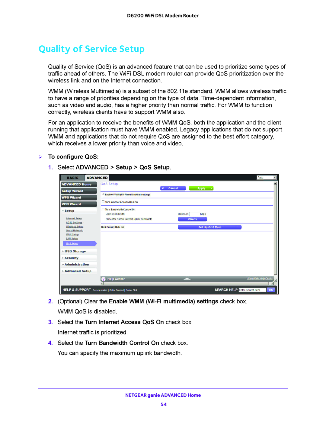 NETGEAR D6200 user manual Quality of Service Setup,  To configure QoS Select Advanced Setup QoS Setup 