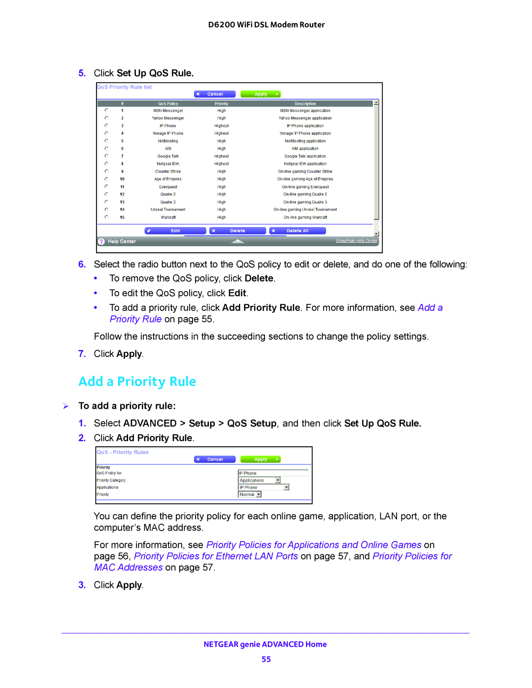 NETGEAR D6200 user manual Add a Priority Rule, Click Set Up QoS Rule 