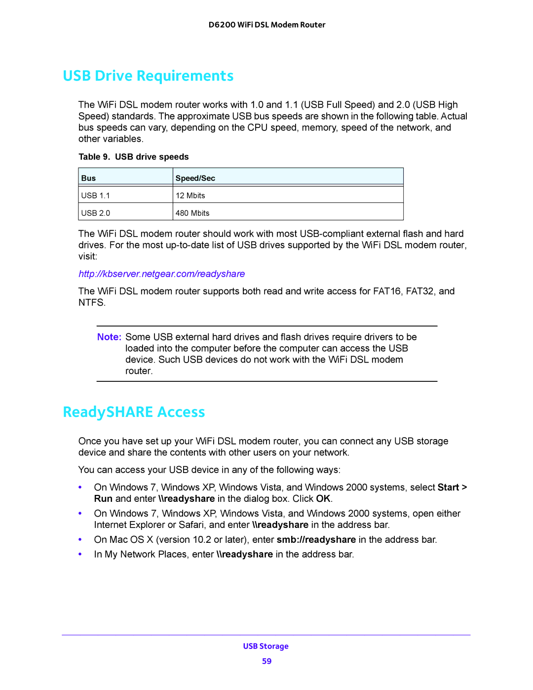 NETGEAR D6200 user manual USB Drive Requirements, ReadySHARE Access 