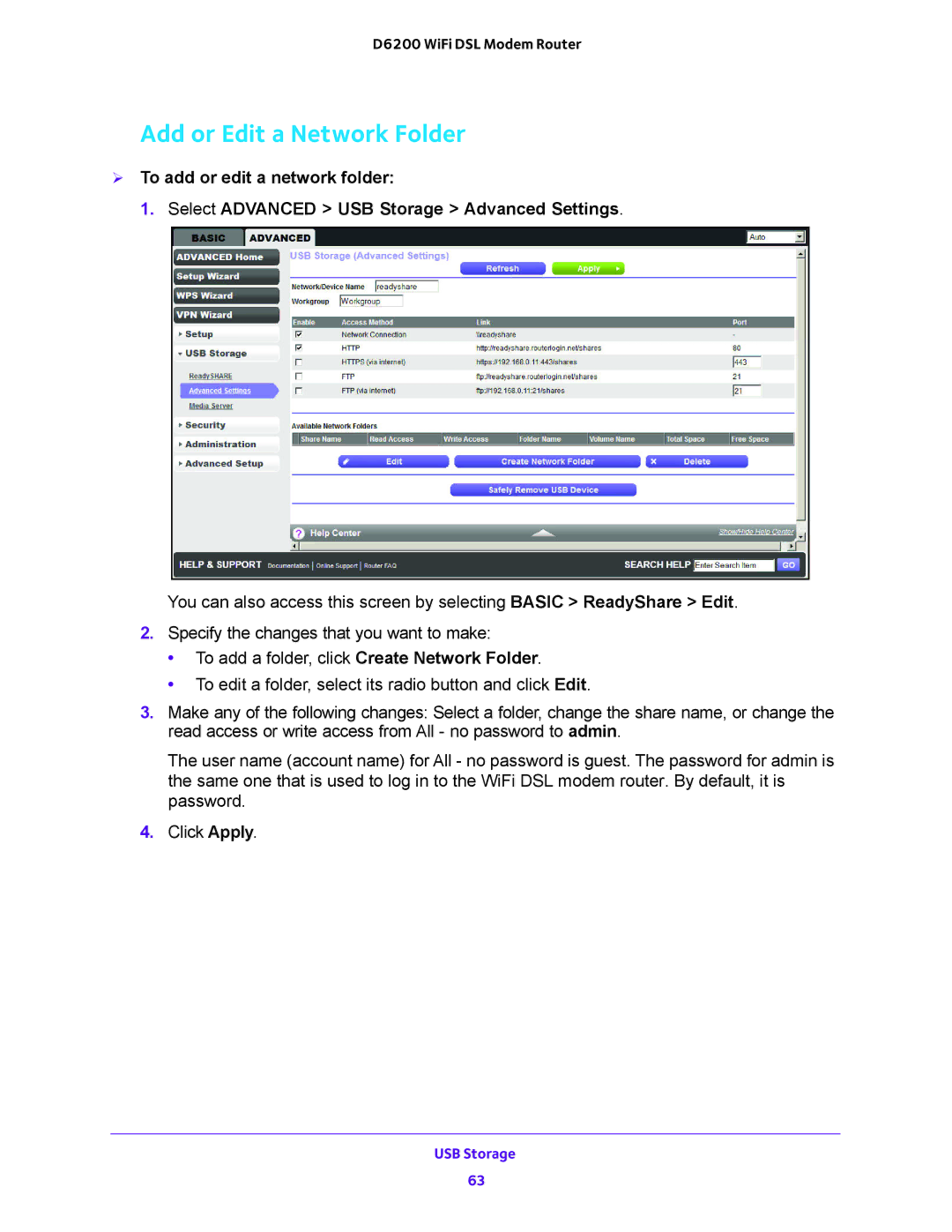 NETGEAR D6200 user manual Add or Edit a Network Folder 