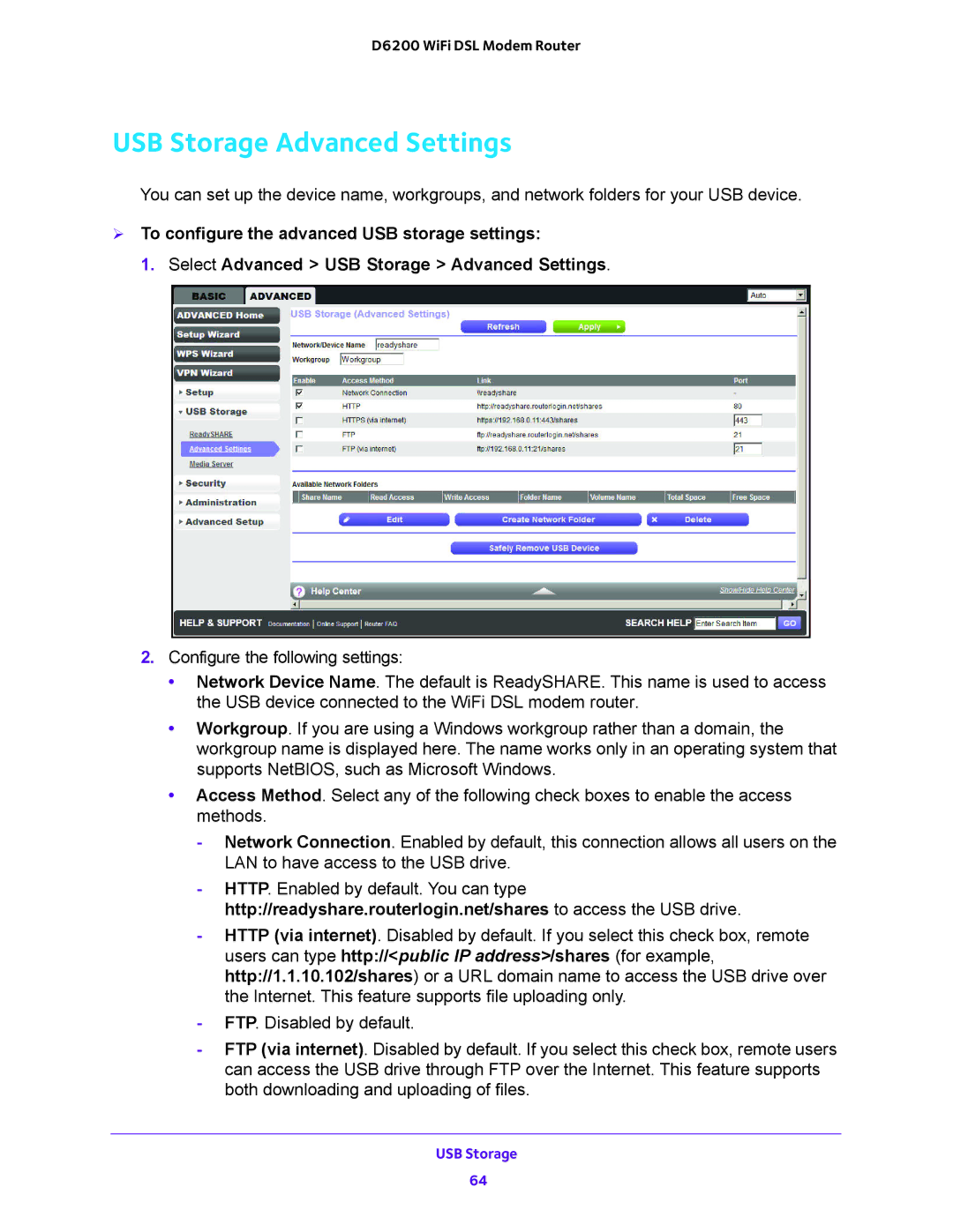 NETGEAR D6200 user manual USB Storage Advanced Settings 