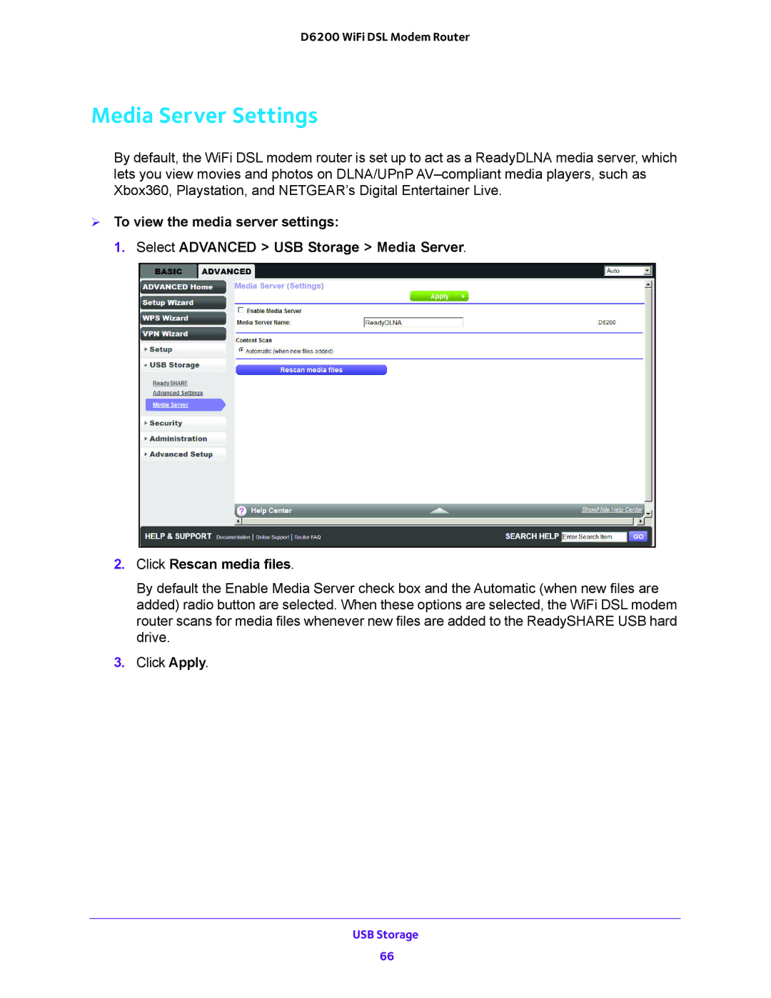 NETGEAR D6200 user manual Media Server Settings 