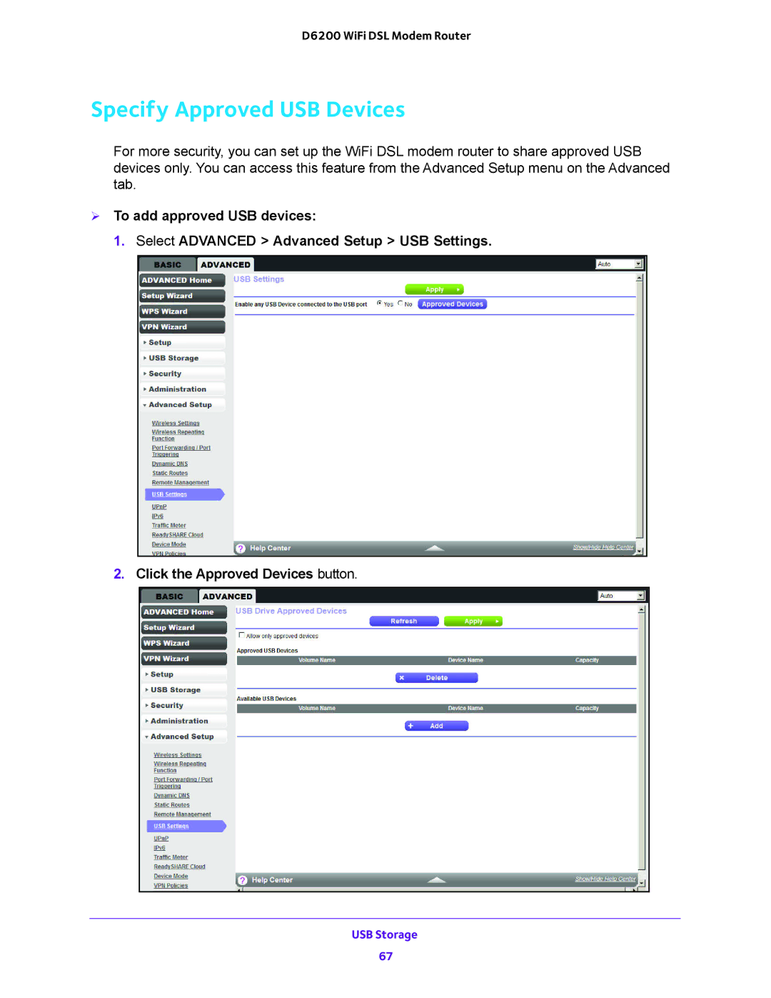 NETGEAR D6200 user manual Specify Approved USB Devices 