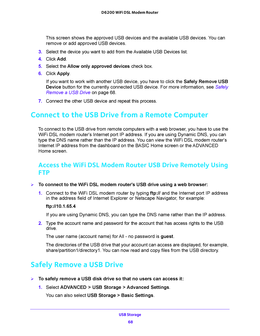 NETGEAR D6200 user manual Connect to the USB Drive from a Remote Computer, Safely Remove a USB Drive, Ftp//10.1.65.4 