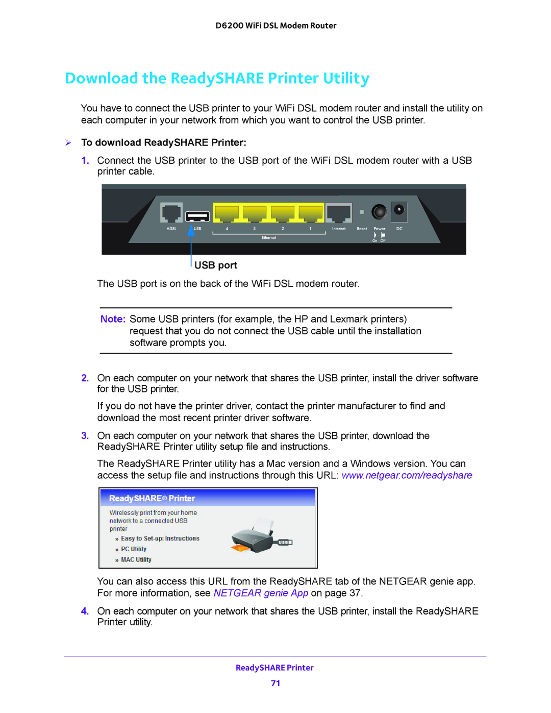 NETGEAR D6200 user manual Download the ReadySHARE Printer Utility,  To download ReadySHARE Printer 