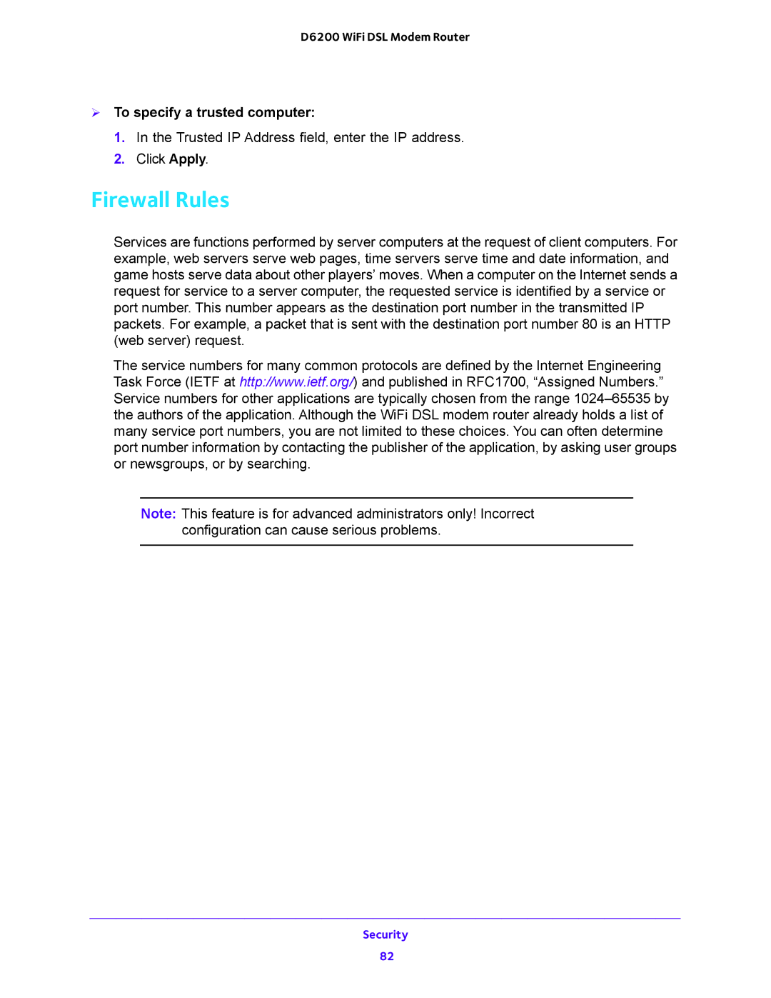 NETGEAR D6200 user manual Firewall Rules,  To specify a trusted computer 