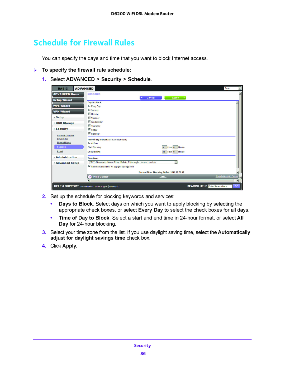 NETGEAR D6200 user manual Schedule for Firewall Rules 