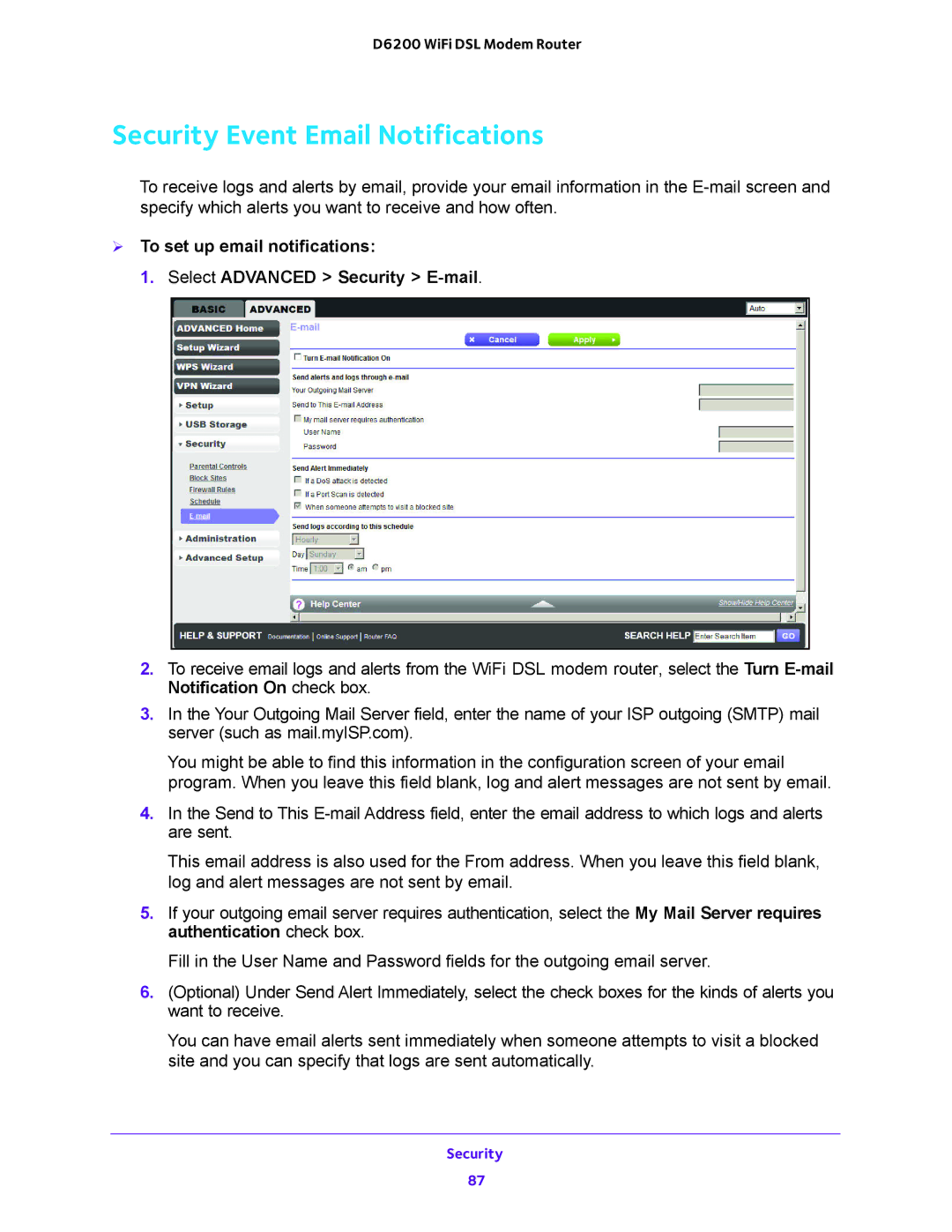 NETGEAR D6200 user manual Security Event Email Notifications 