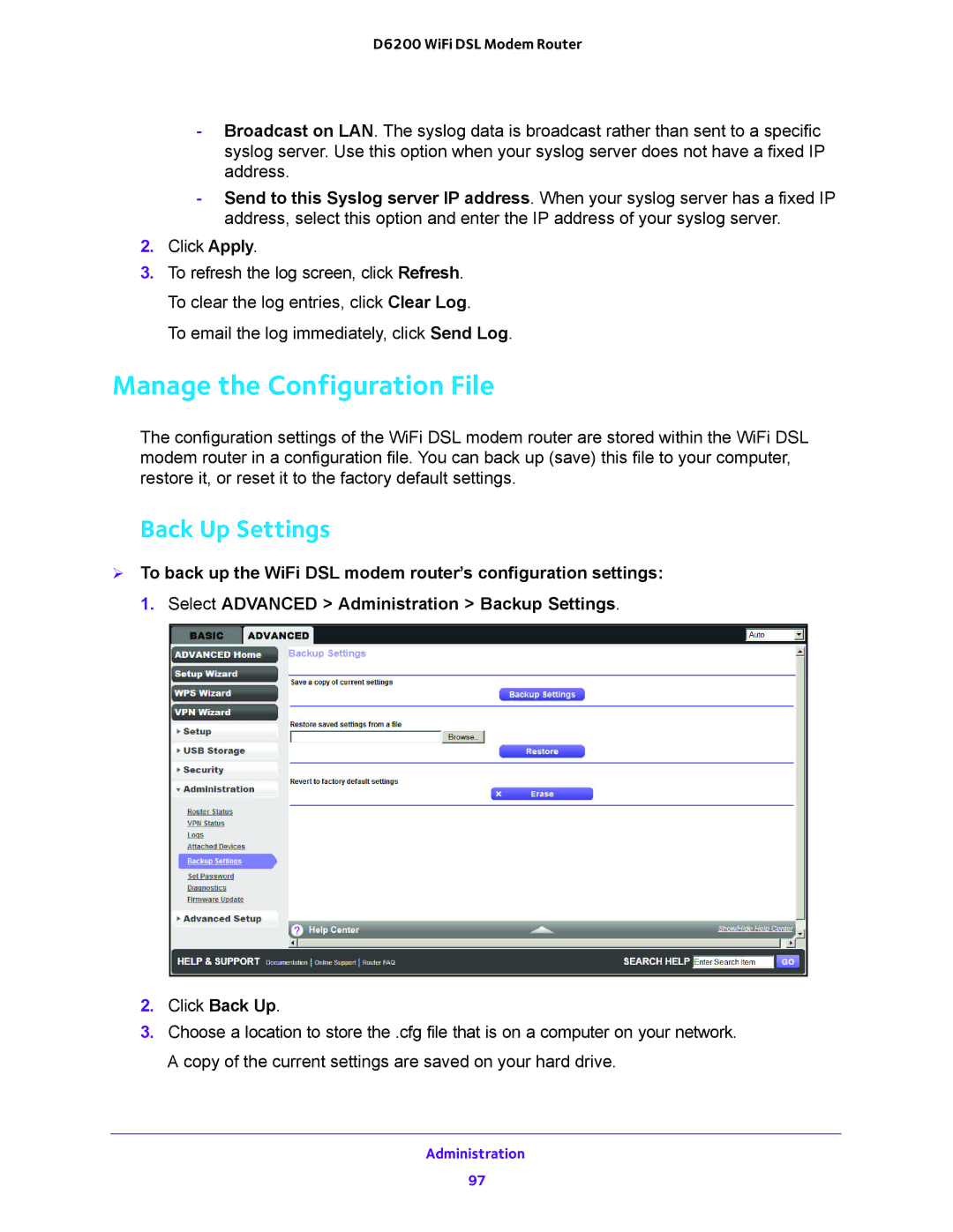 NETGEAR D6200 user manual Manage the Configuration File, Back Up Settings 