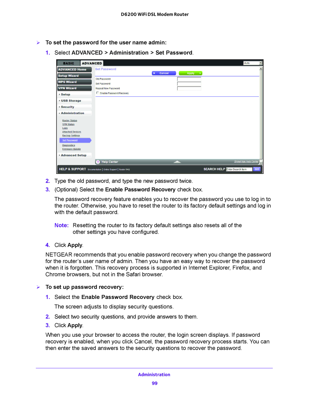 NETGEAR D6200 user manual  To set up password recovery 