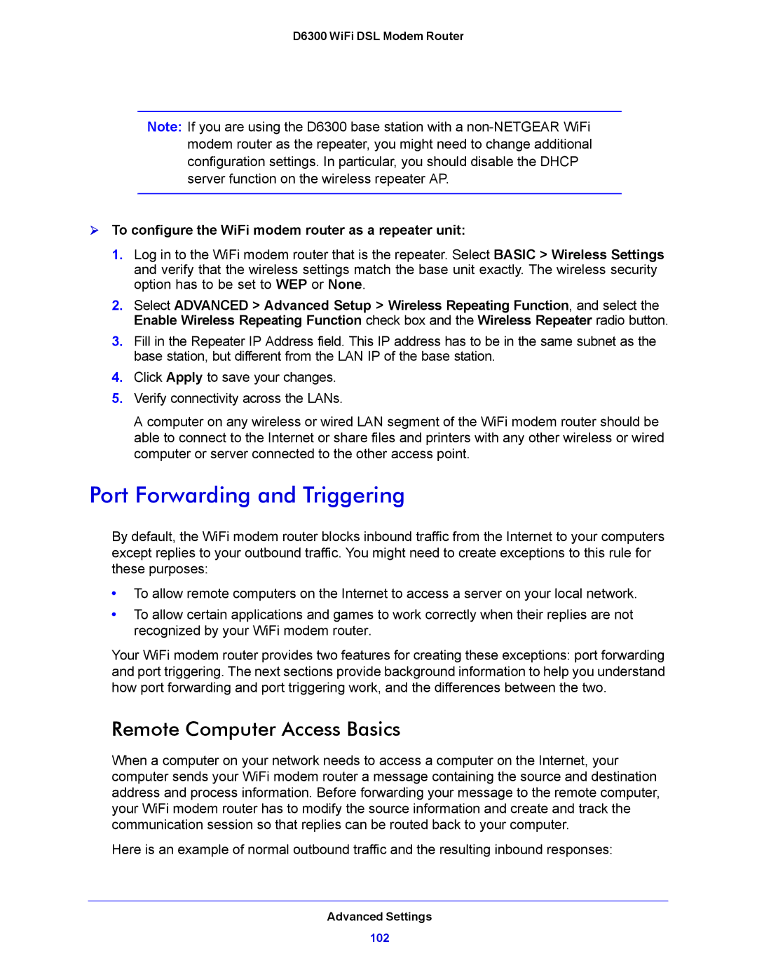 NETGEAR D6300 user manual Port Forwarding and Triggering, Remote Computer Access Basics 