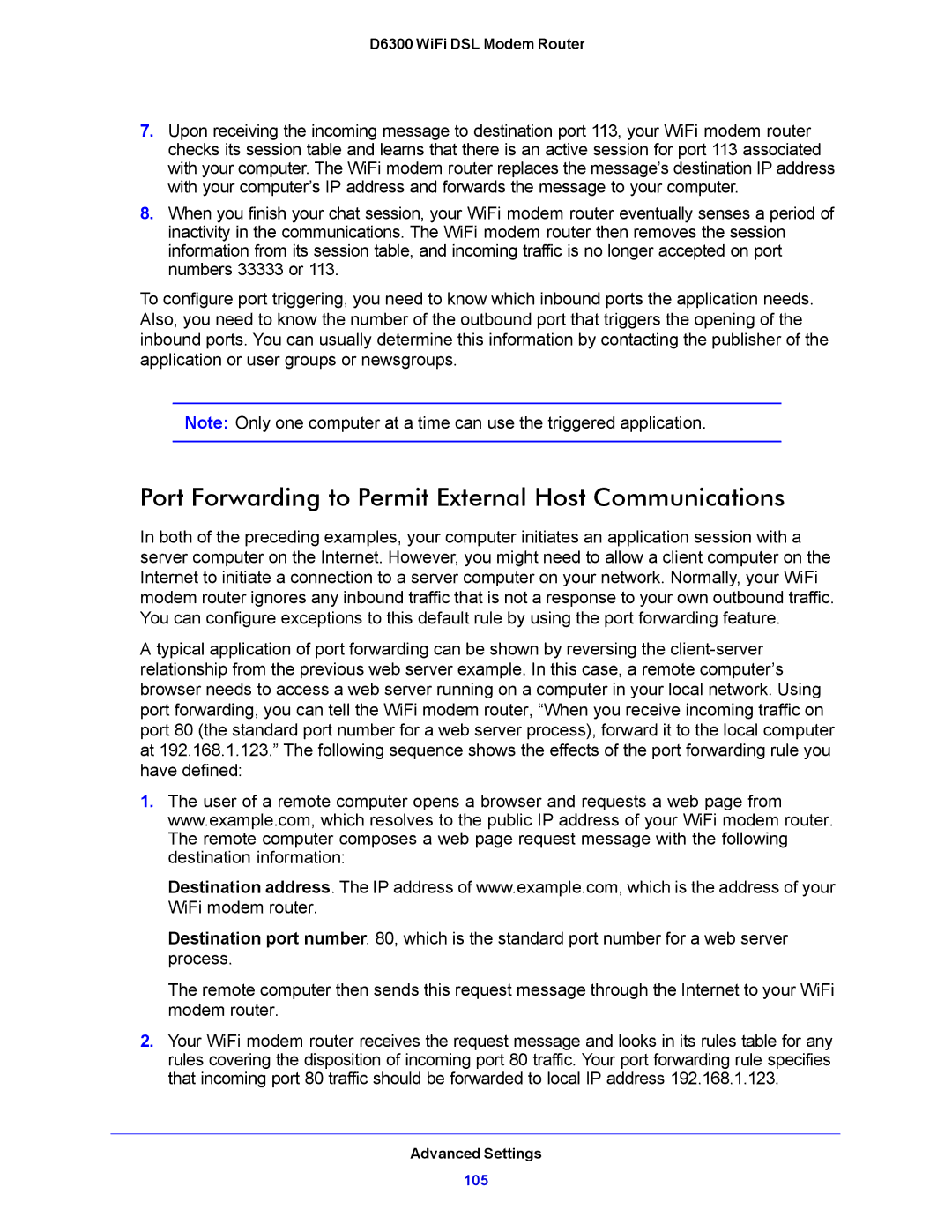 NETGEAR D6300 user manual Port Forwarding to Permit External Host Communications 