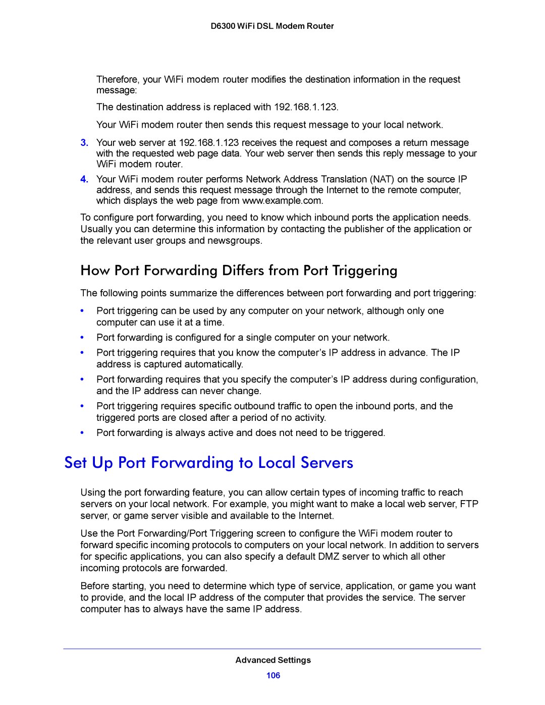 NETGEAR D6300 user manual Set Up Port Forwarding to Local Servers, How Port Forwarding Differs from Port Triggering 