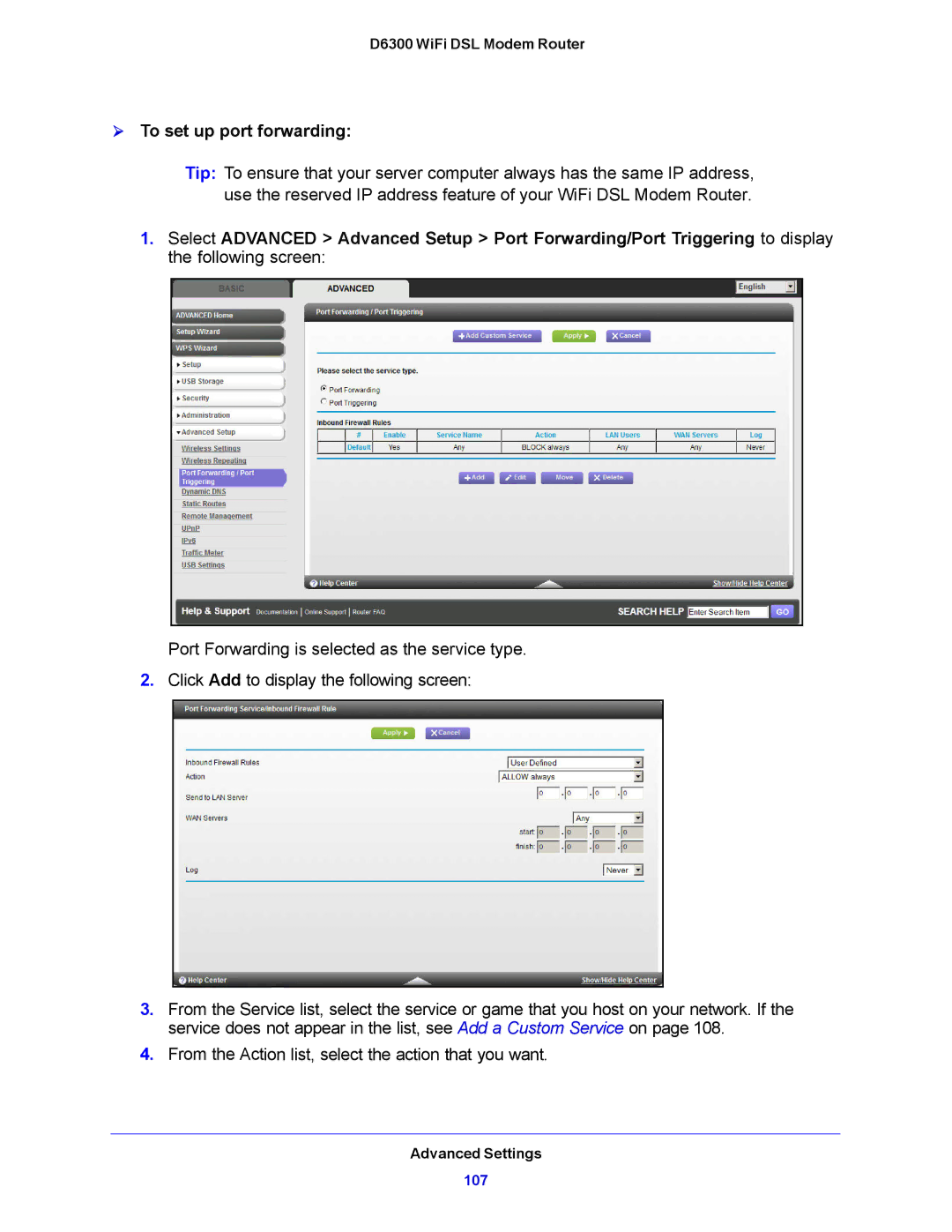 NETGEAR D6300 user manual  To set up port forwarding 