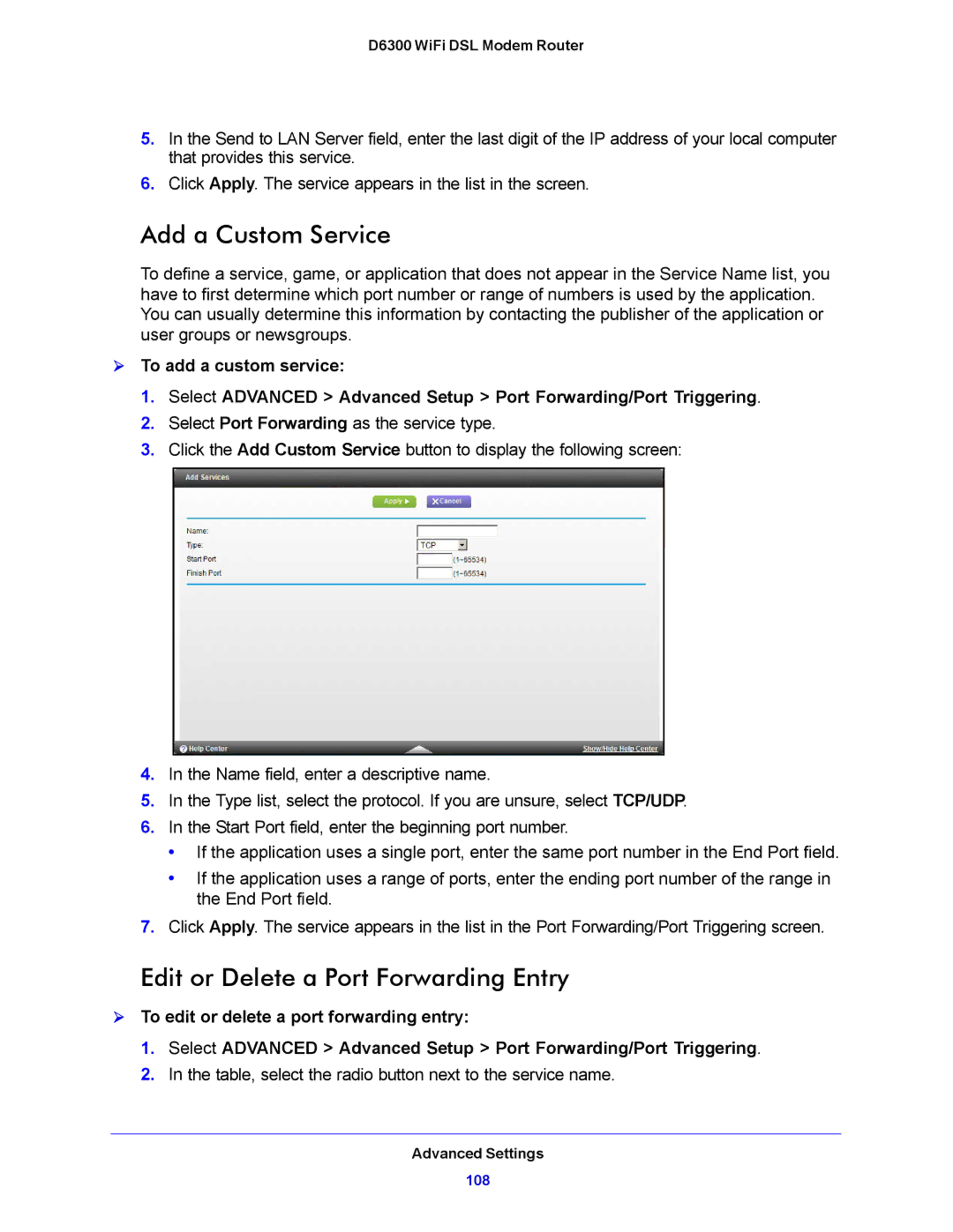 NETGEAR D6300 user manual Add a Custom Service, Edit or Delete a Port Forwarding Entry 