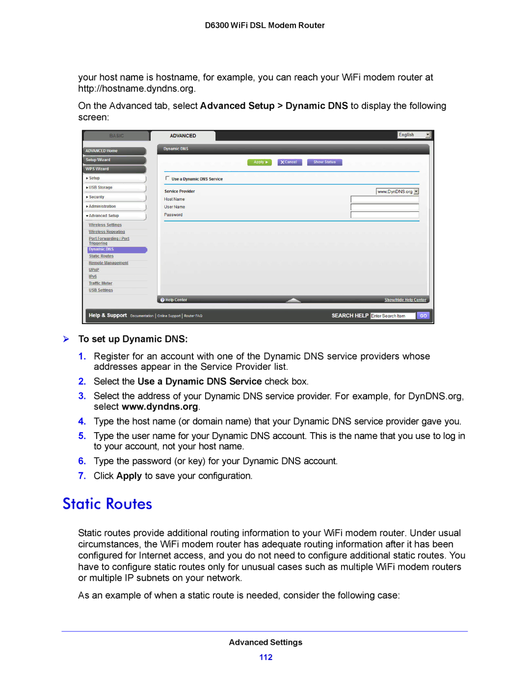 NETGEAR D6300 user manual Static Routes,  To set up Dynamic DNS, Select the Use a Dynamic DNS Service check box 