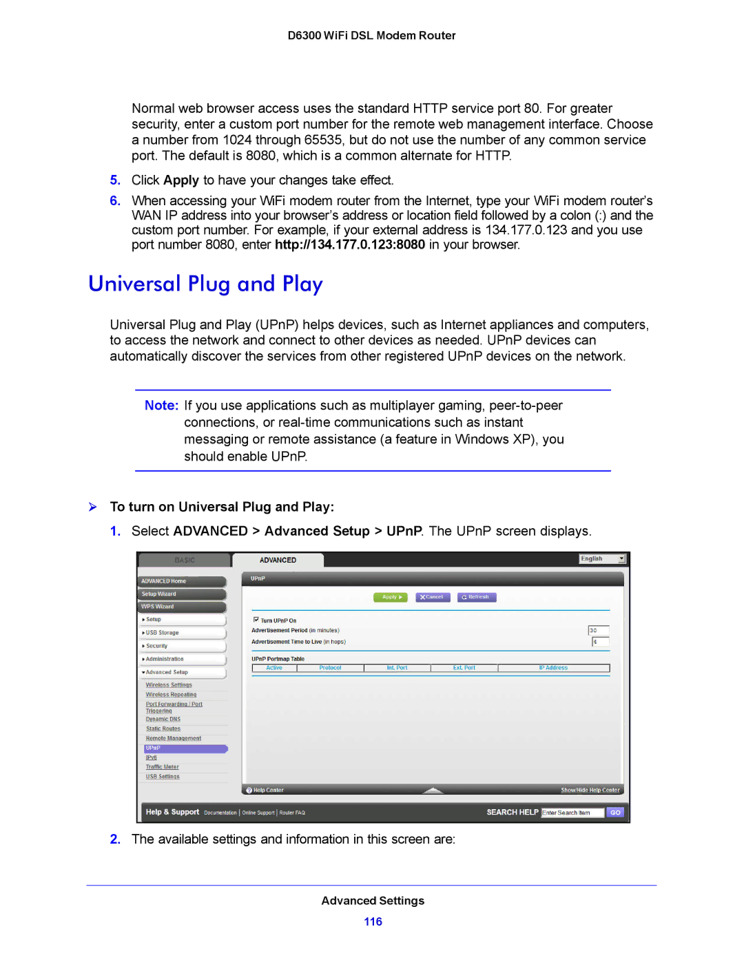 NETGEAR D6300 user manual  To turn on Universal Plug and Play 