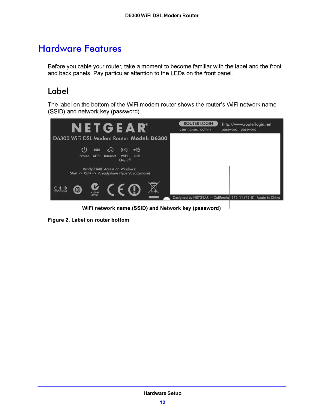 NETGEAR D6300 user manual Hardware Features, Label 