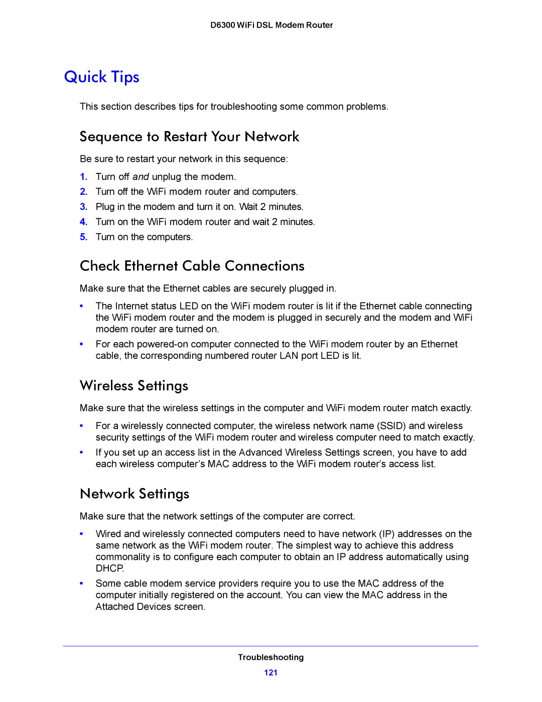 NETGEAR D6300 user manual Quick Tips, Sequence to Restart Your Network, Check Ethernet Cable Connections, Wireless Settings 