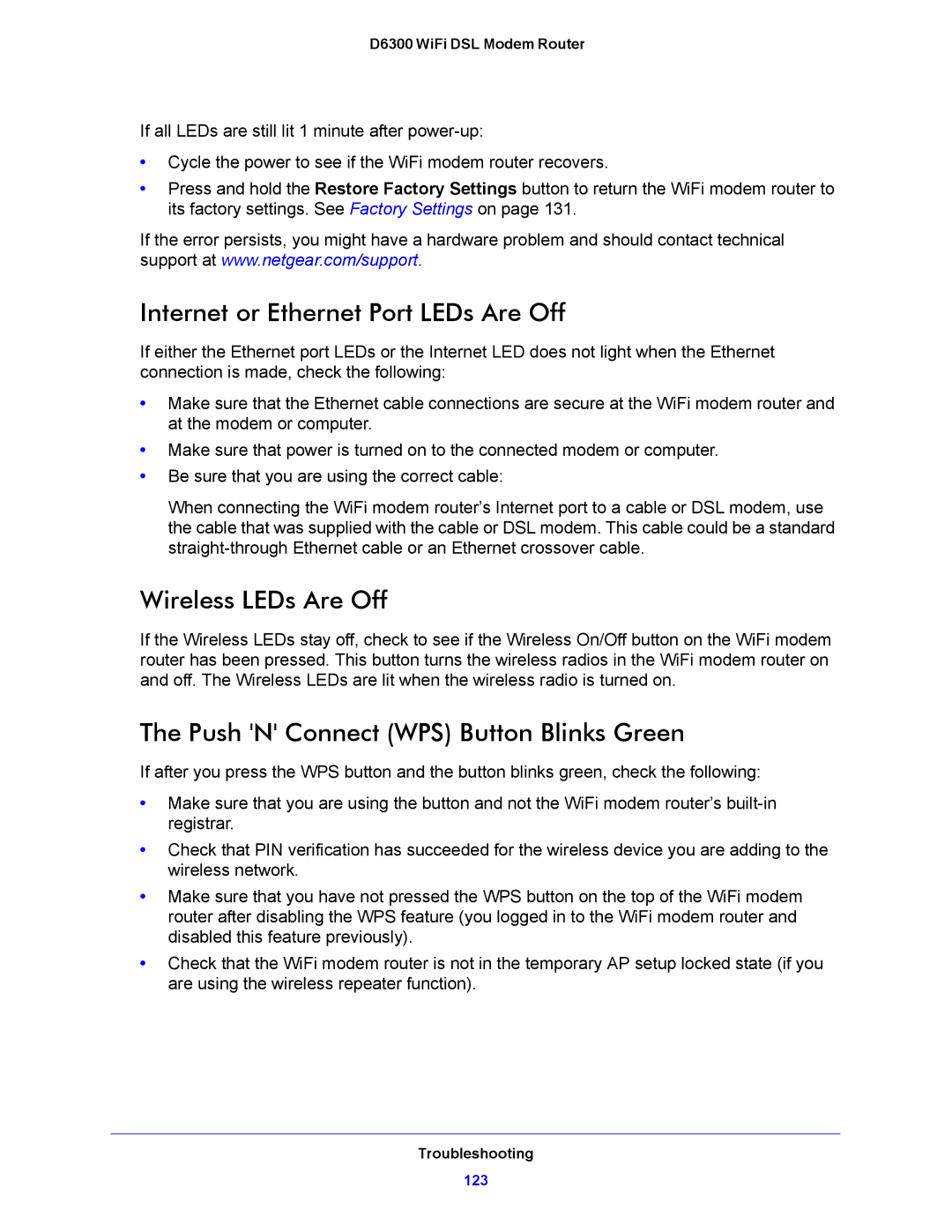 NETGEAR D6300 Internet or Ethernet Port LEDs Are Off, Wireless LEDs Are Off, Push N Connect WPS Button Blinks Green 